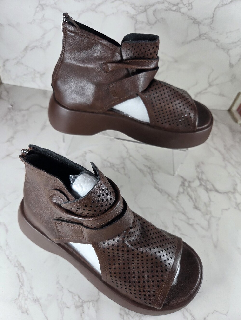 Brown Women's Perforated Open-Toe Leather Wedge Sandals(B108)